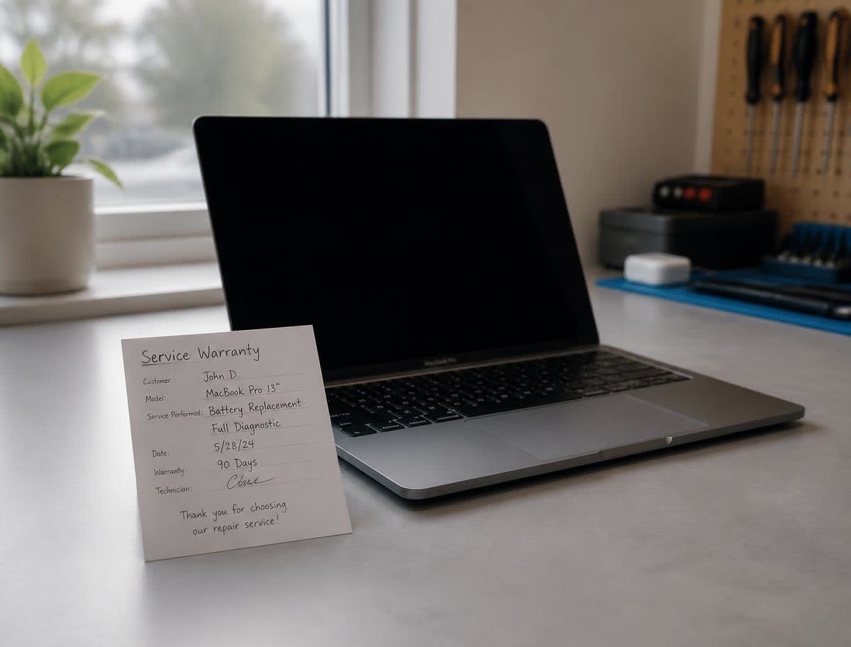 Repaired laptop on a tidy workbench beside a written service warranty card