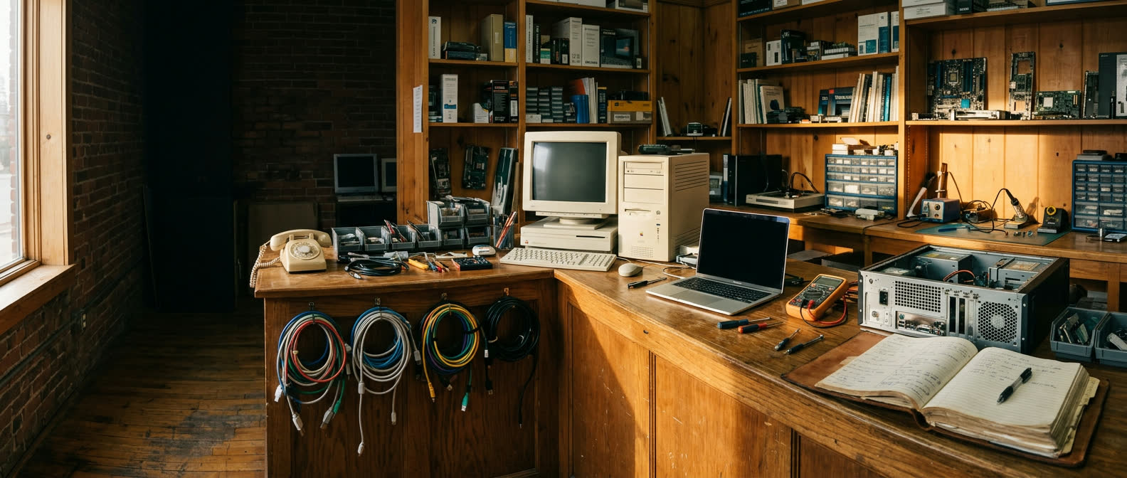 Panoramic view of an owner-operated technology repair shop counter with tools and computers in warm natural light
