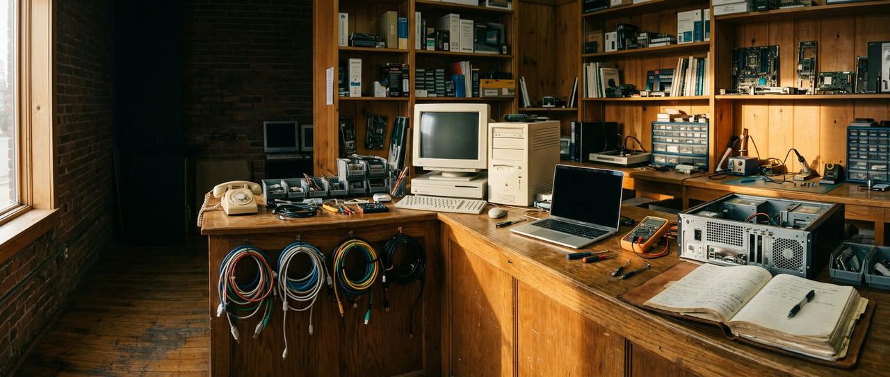 Panoramic view of an owner-operated technology repair shop counter with tools and computers in warm natural light