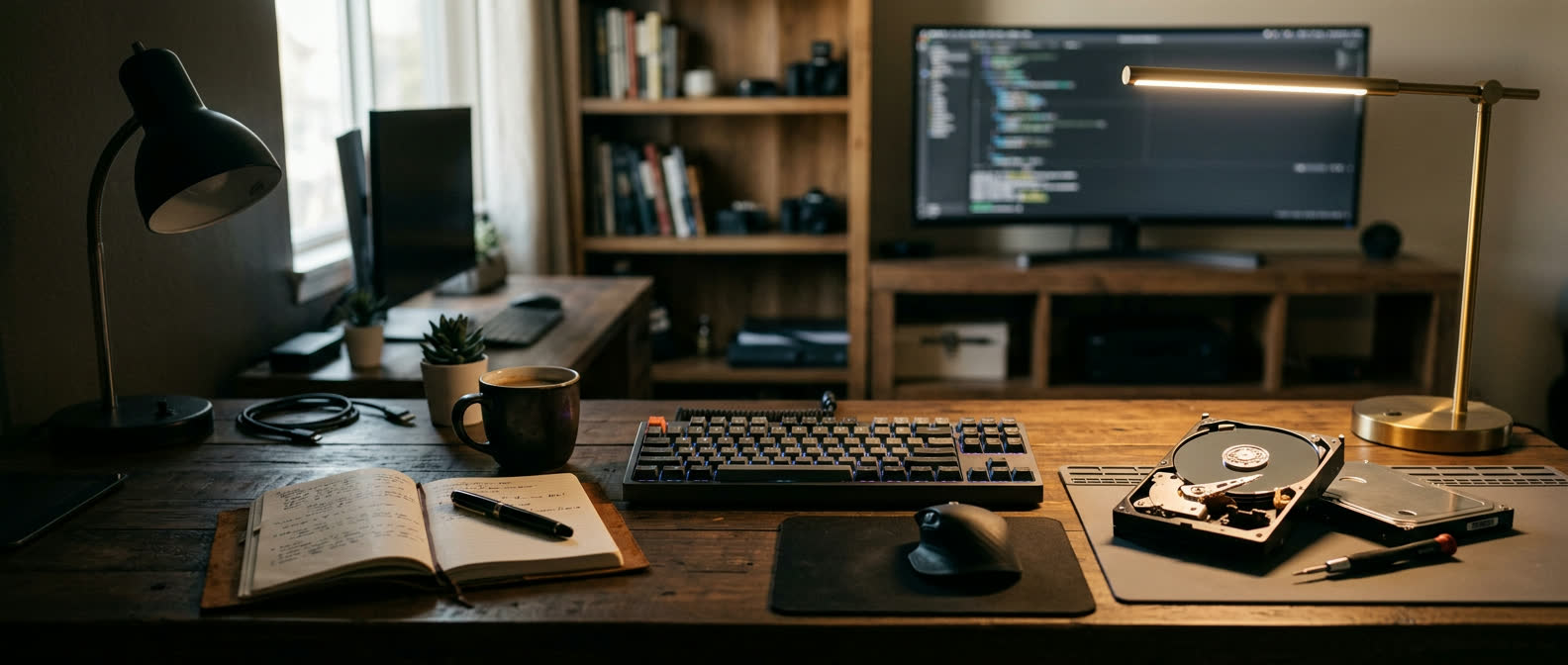 Panoramic desk scene with a laptop, notebook and repair tools lit by soft natural window light
