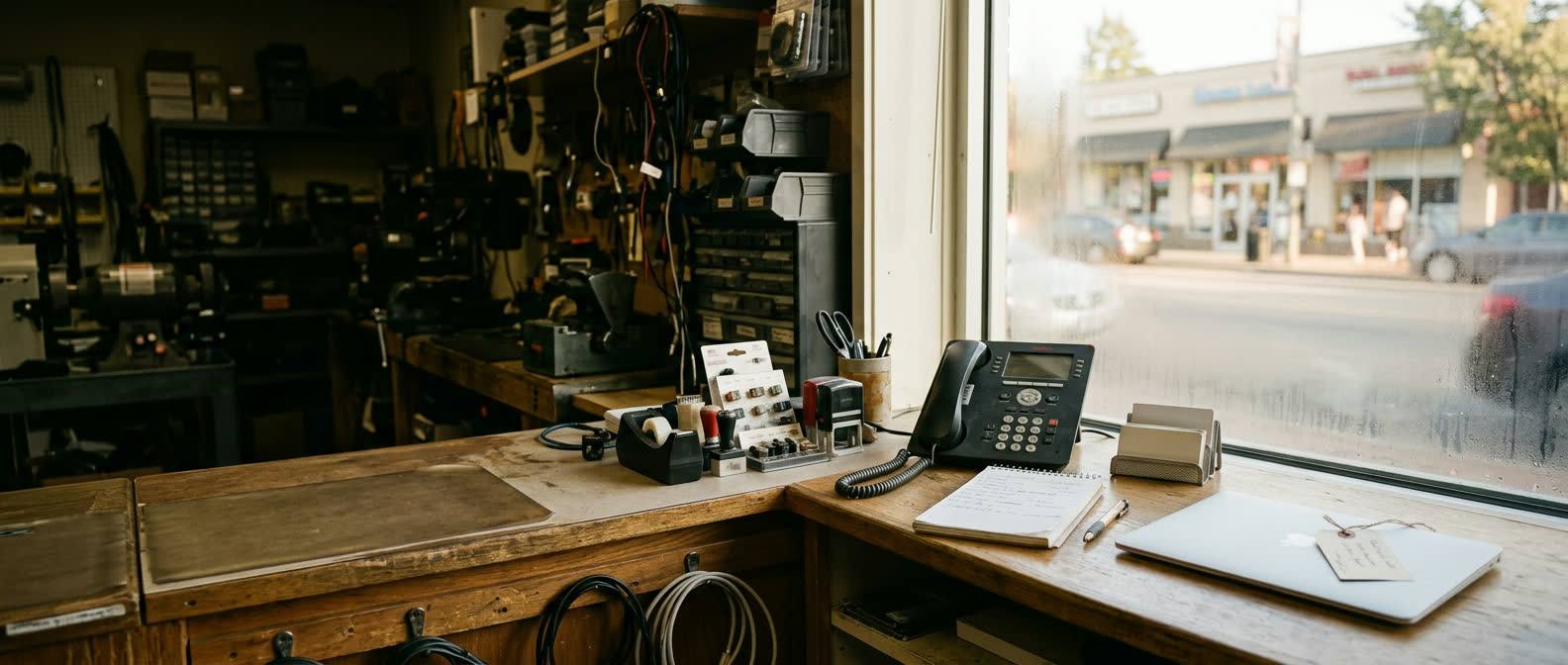 Panoramic shop front counter with a desk phone, keyboard and service paperwork in natural daylight