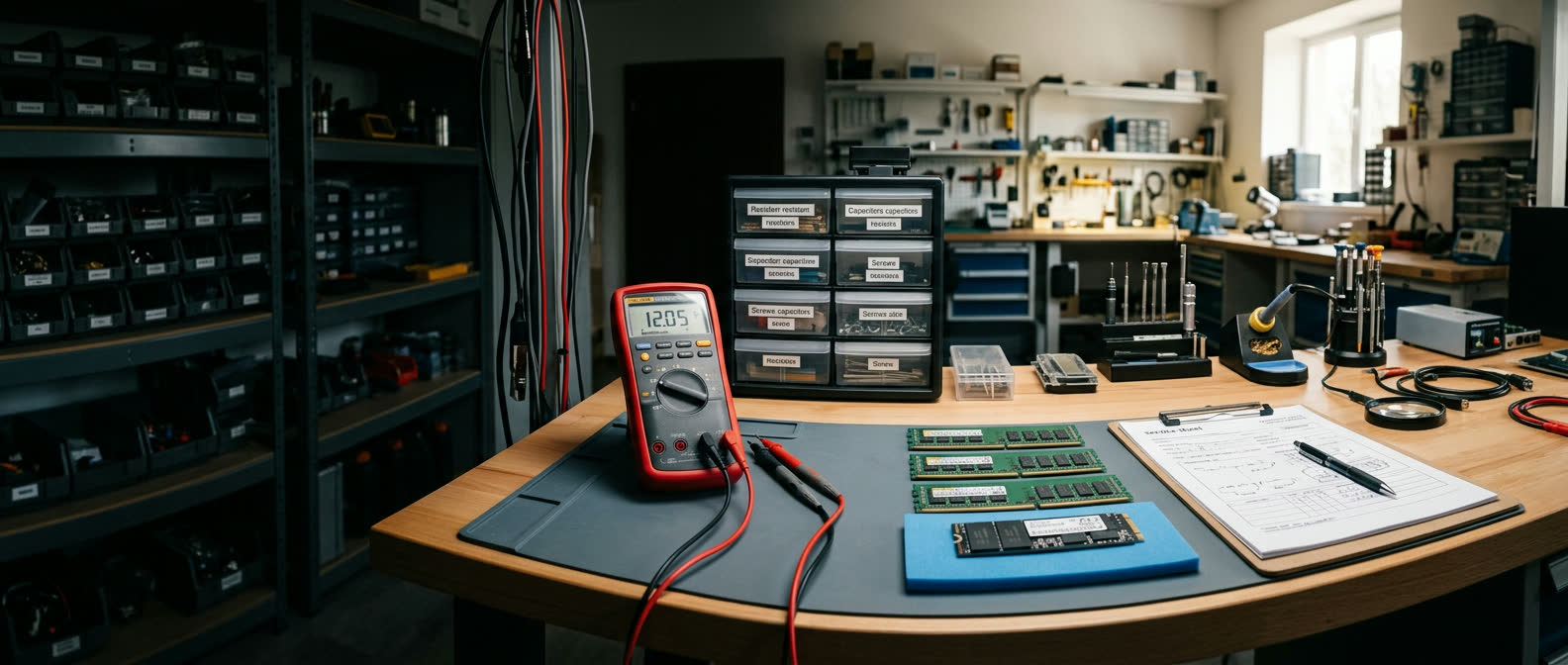 Panoramic technology workbench with organized tools and components under directional natural lighting