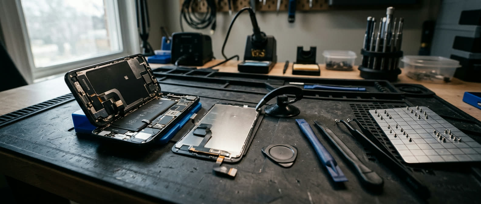 Panoramic repair workshop scene showing disassembled devices and precision tools in cinematic natural light