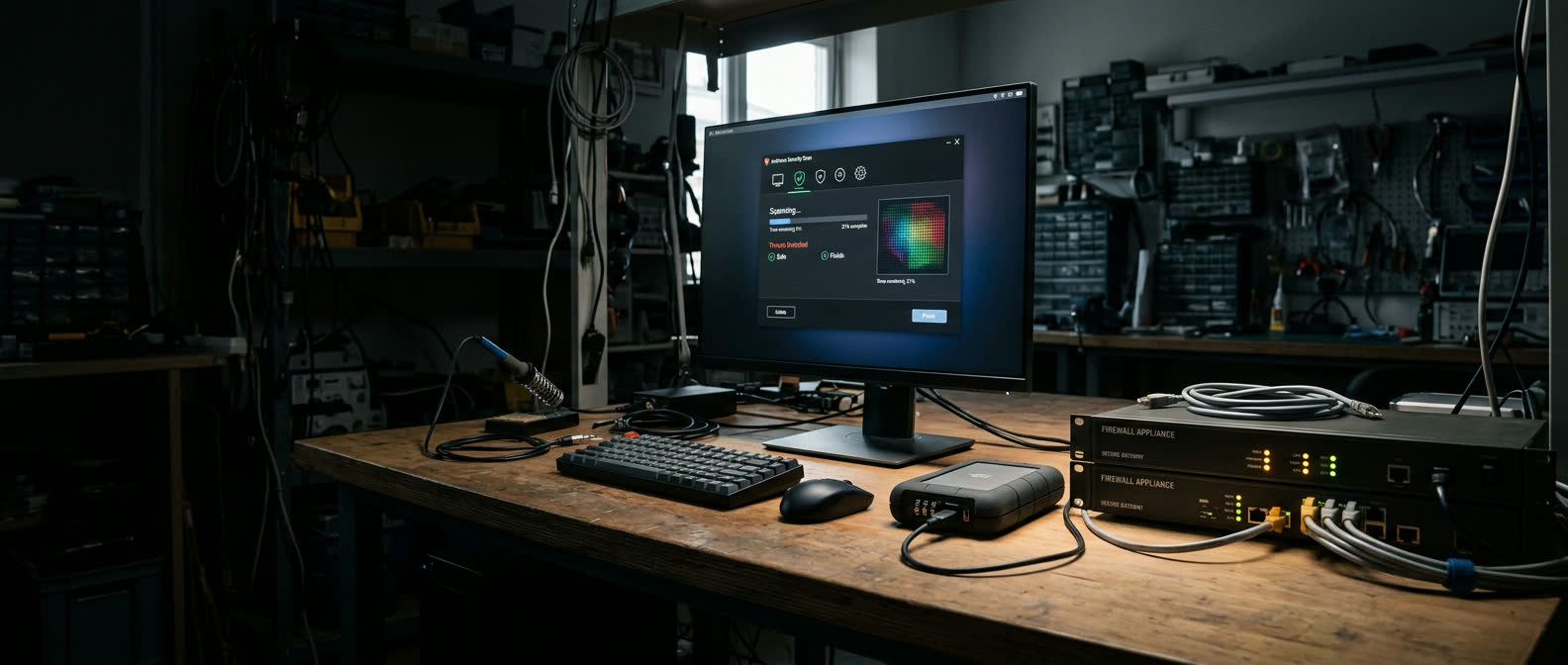 Panoramic desktop computer setup displaying security software with soft natural shadows across the desk