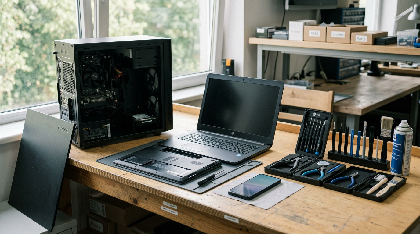 Panoramic computer repair workbench with an open desktop tower, laptop and precision tools in natural workshop light