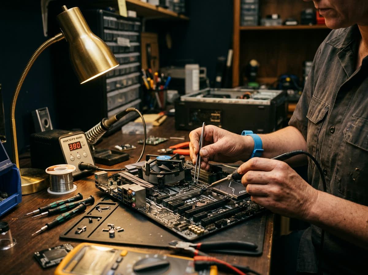 Desktop computer motherboard being replaced with precision tools at the Macon MS computer repair workshop