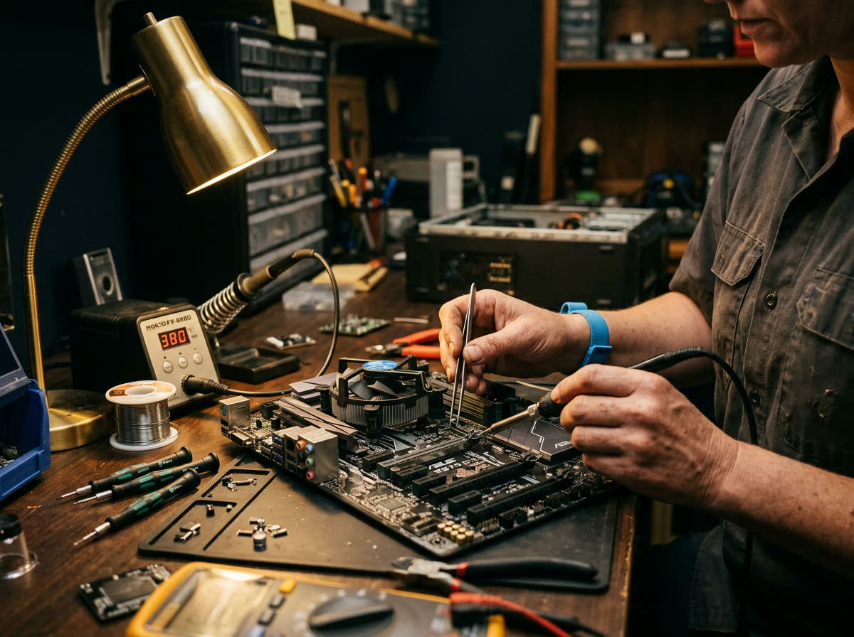Desktop computer motherboard being replaced with precision tools at the Macon MS computer repair workshop