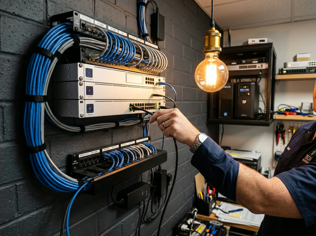 Network router, switch and neatly routed ethernet cabling installed for a small business