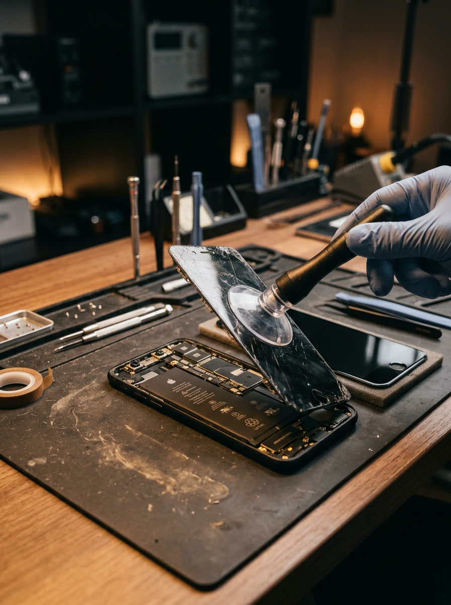Cracked smartphone screen being lifted with a suction tool during a phone screen replacement