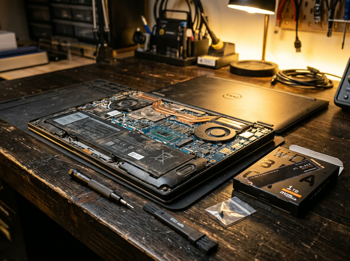 Diagnostics bench with a solid state drive, RAM modules and tools used for computer troubleshooting