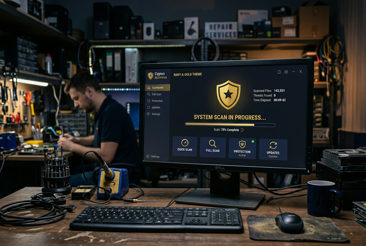 Antivirus scan running on a shop monitor during virus and malware removal service
