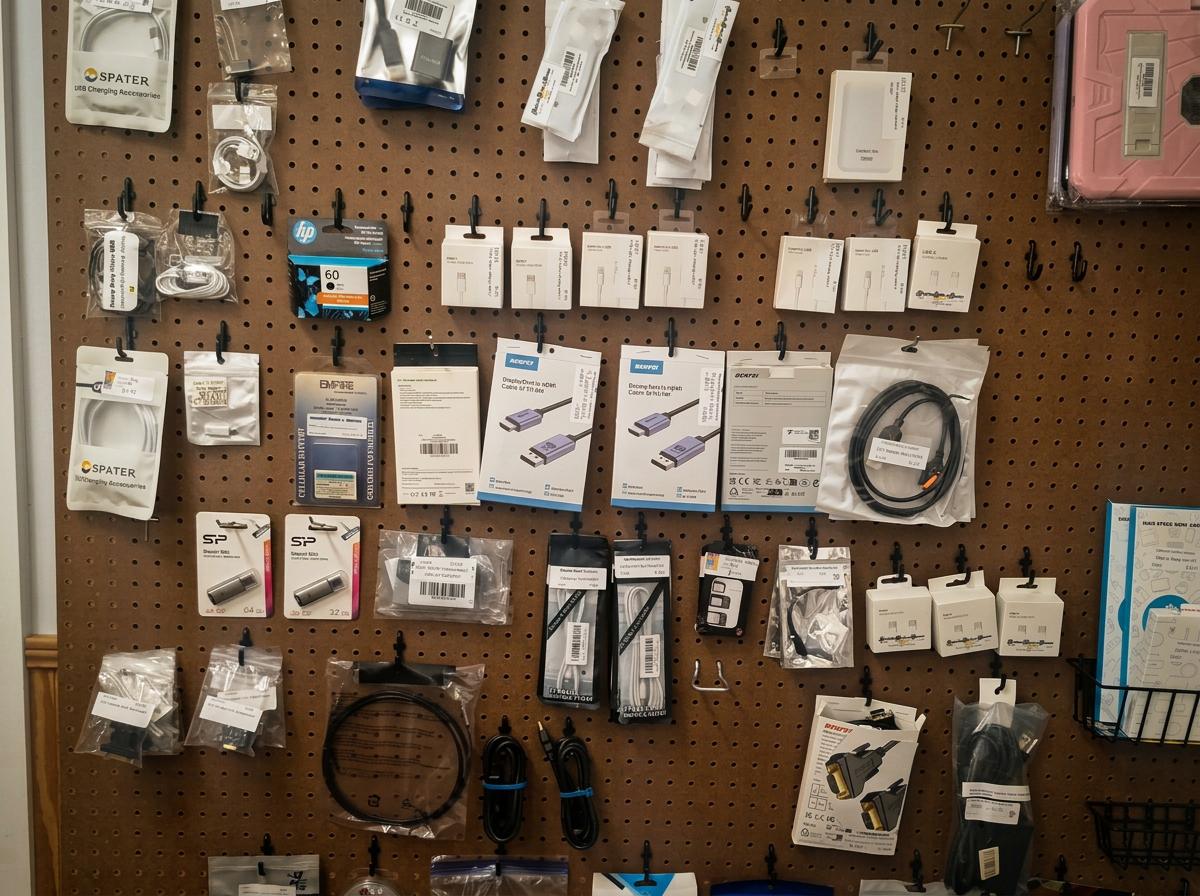 Pegboard wall stocked with charging cables, adapters, flash drives and phone accessories in the Macon MS shop