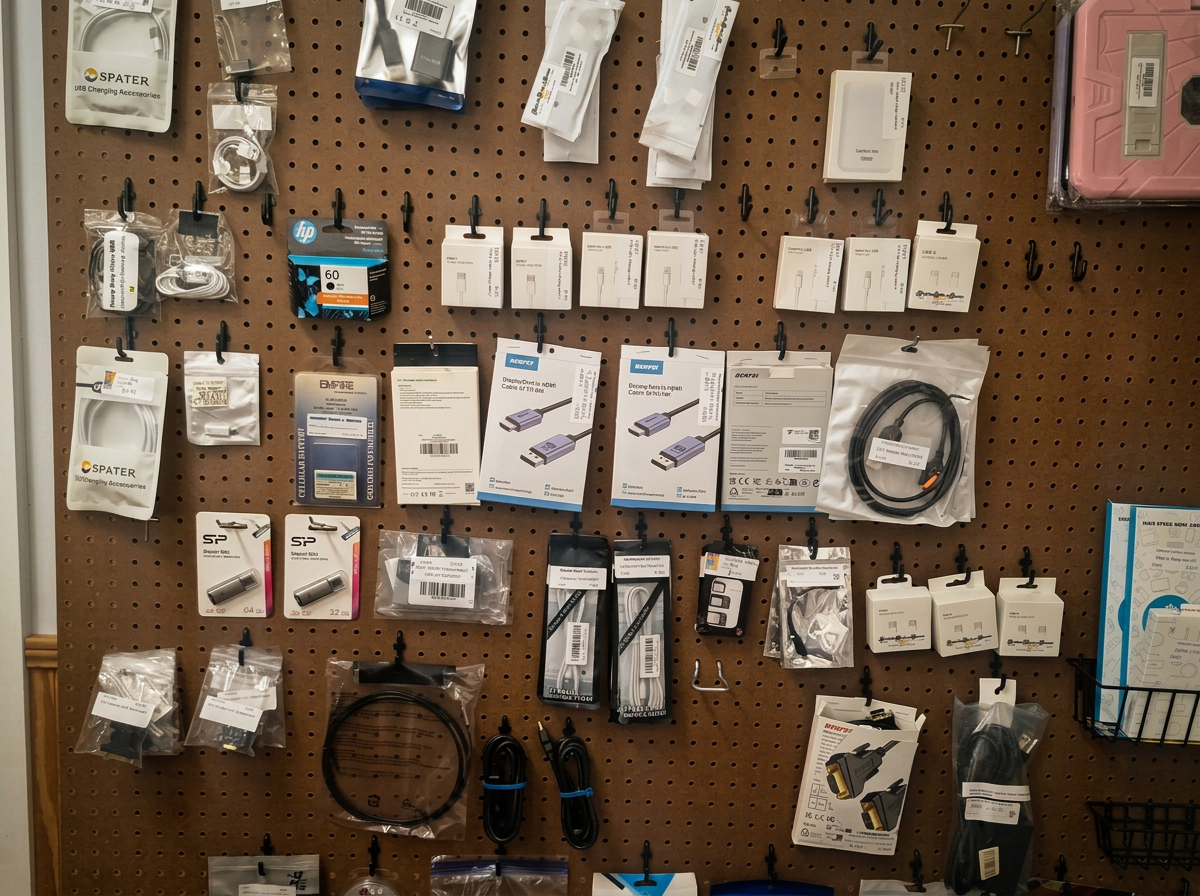 Pegboard wall stocked with charging cables, adapters, flash drives and phone accessories in the Macon MS shop