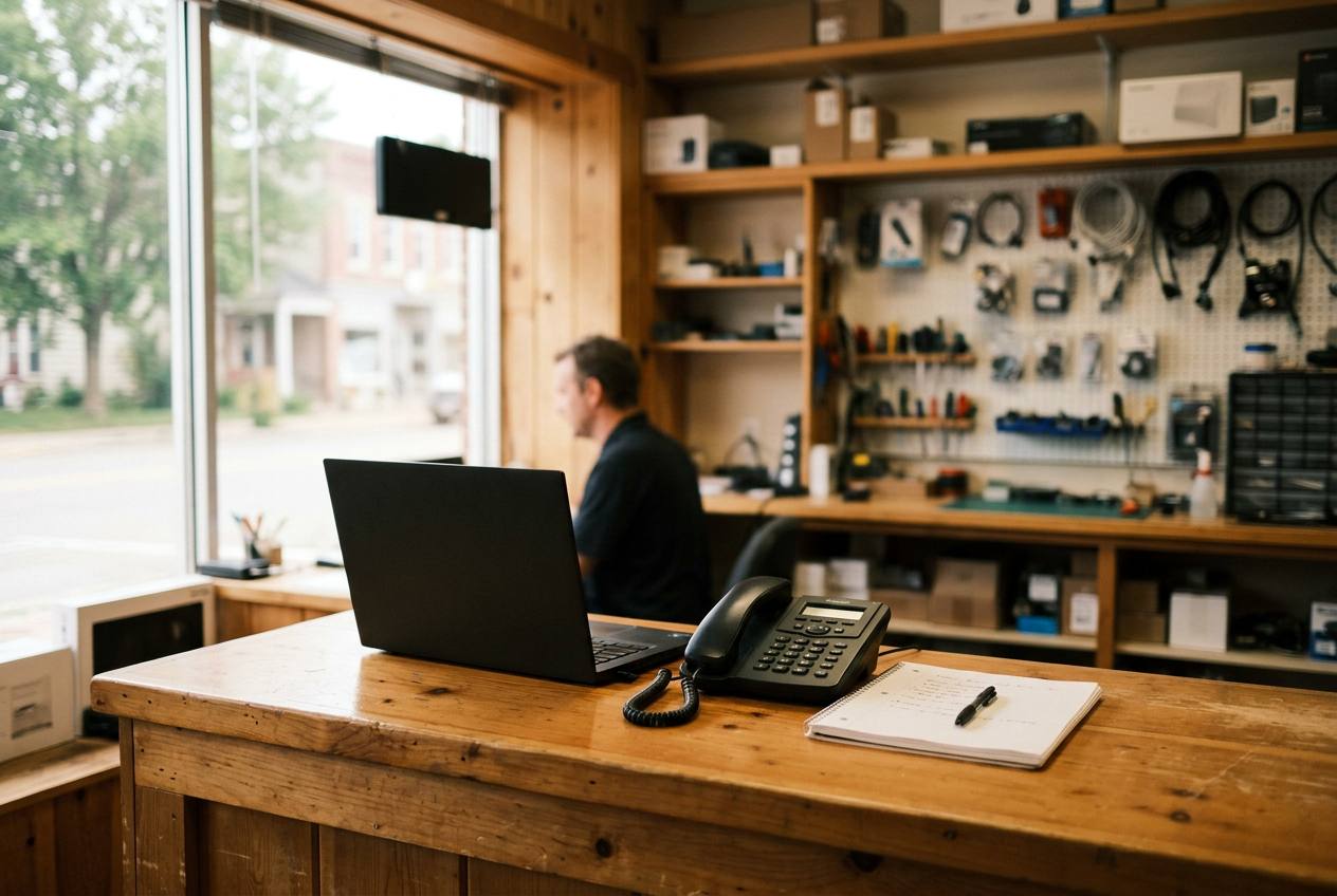 Repair shop check-in counter with a laptop, desk phone and notepad ready for a customer drop-off