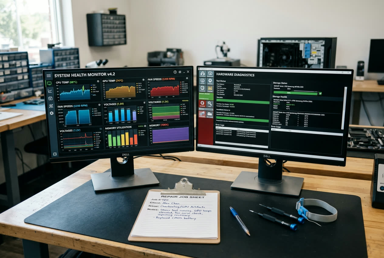 Dual monitor diagnostic workstation showing hardware health testing software and a repair job sheet