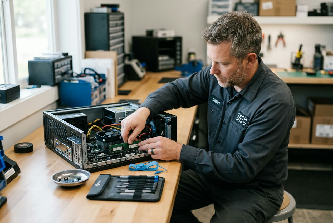 Technician installing a memory module inside an open desktop computer using anti-static gloves