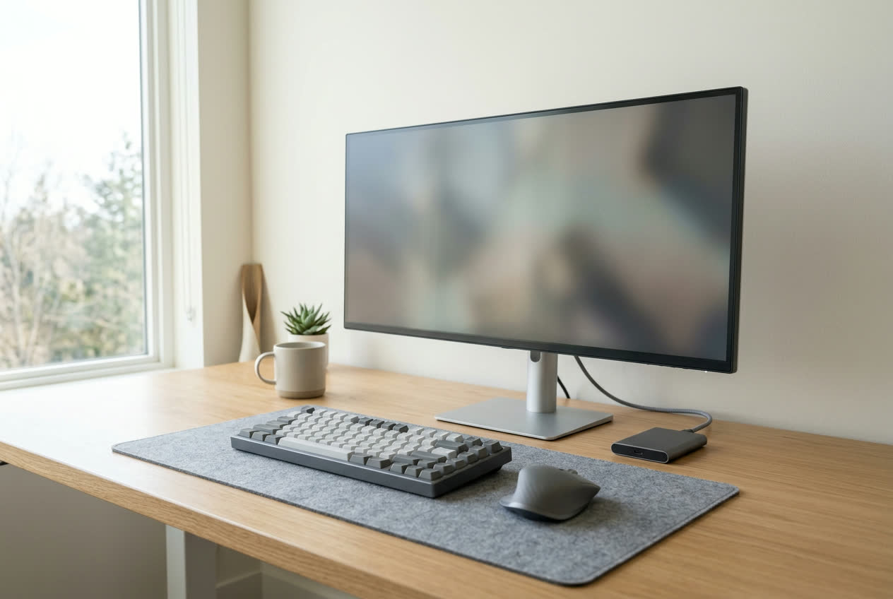 Keyboard, mouse and external drive arranged on a tidy desk in the technology shop