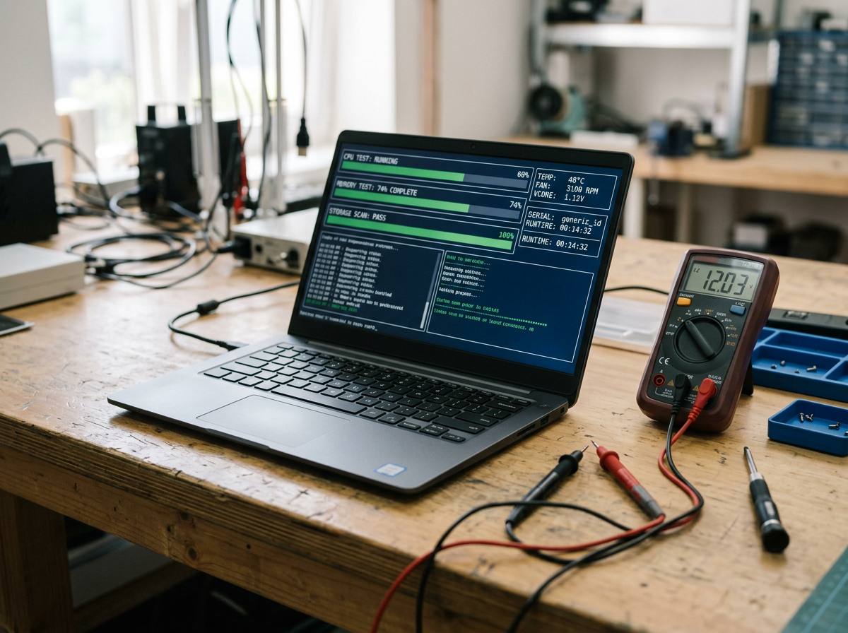 Laptop running a hardware diagnostic test beside a multimeter on a clean workshop bench