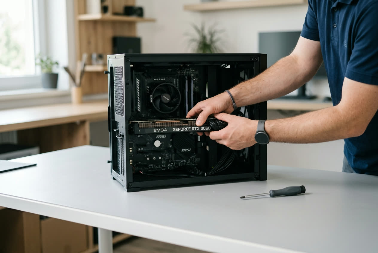 Technician hands installing a graphics card into a clean desktop computer during hardware replacement