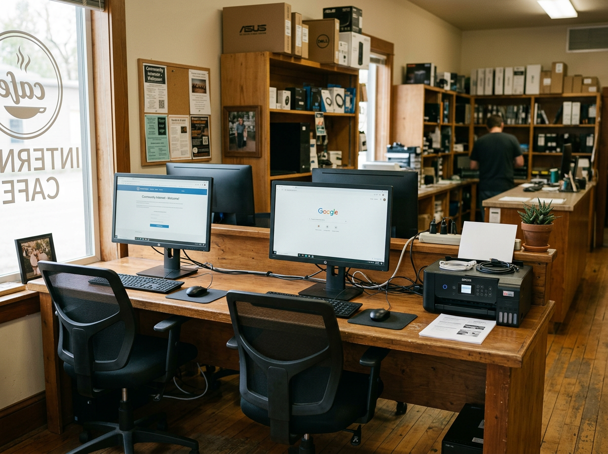 Two public access computers with monitors and keyboards set up in the community internet cafe corner of the Macon MS shop