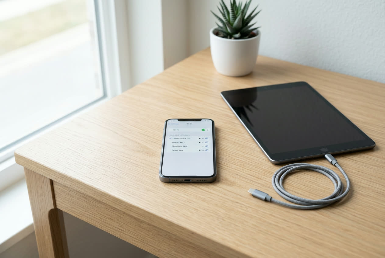 Smartphone and tablet on a clean bench with a charging cable during troubleshooting