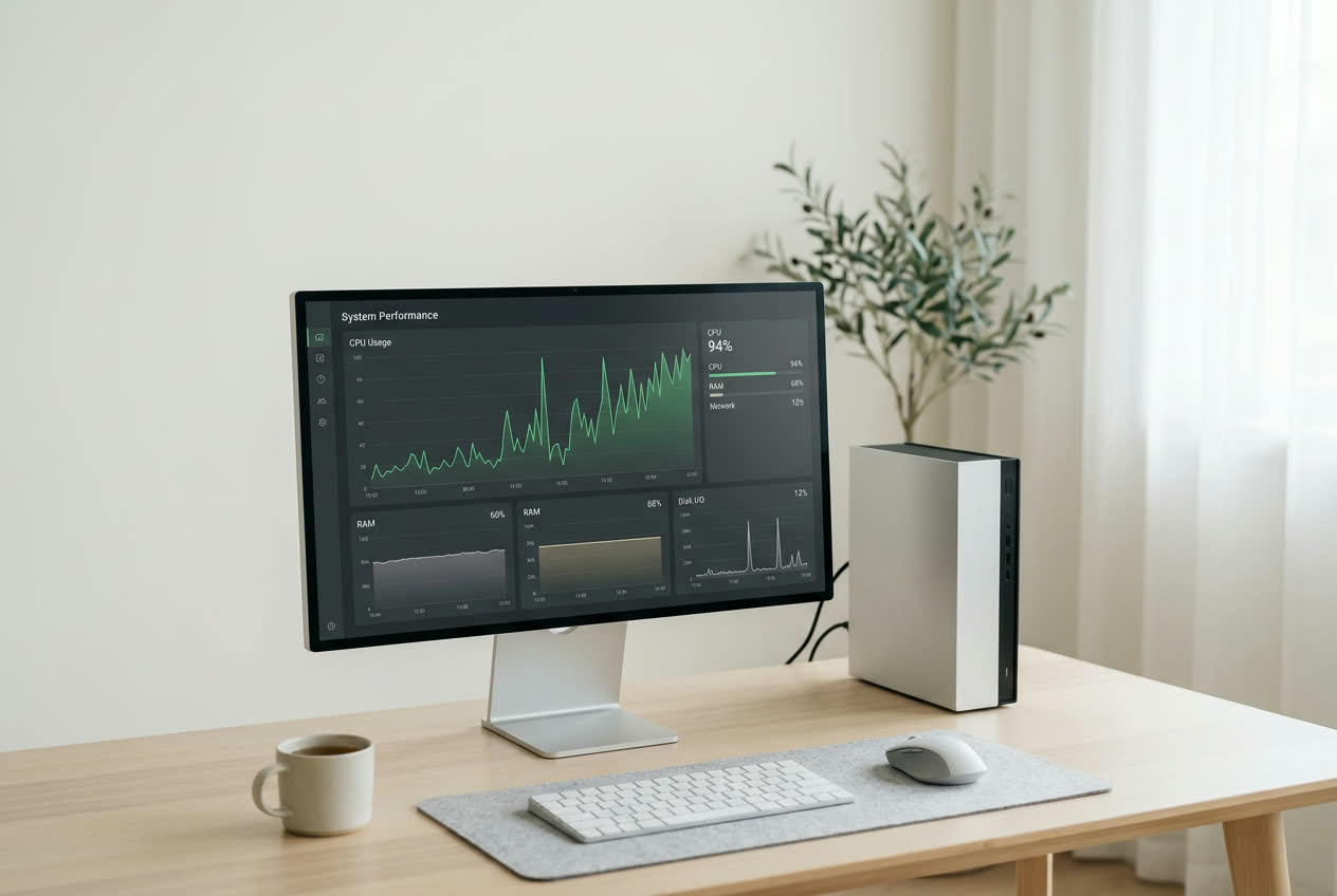 Slim desktop computer beside a monitor showing improved performance after optimization