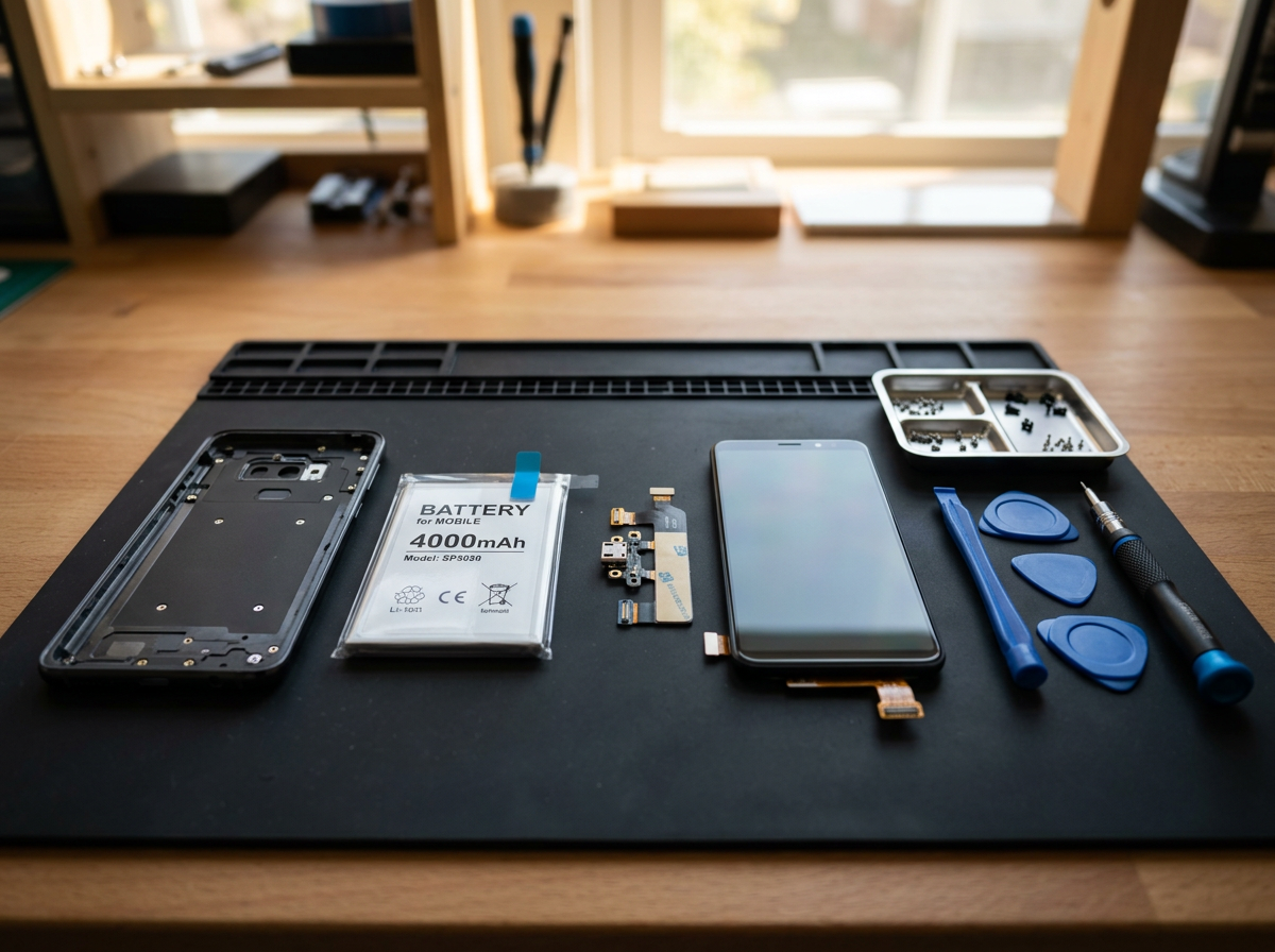 Replacement phone housing, battery, charging port flex and screen assembly laid out on a repair mat for a phone rebuild