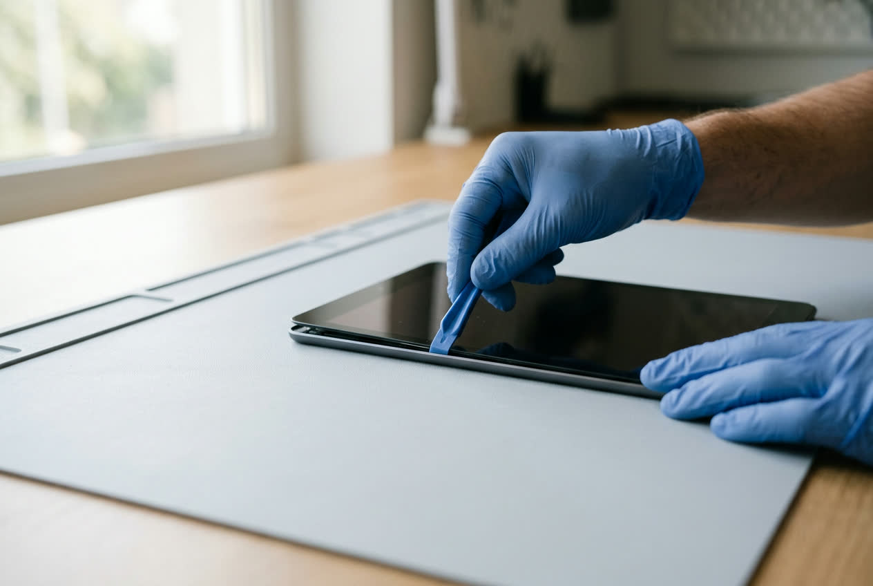 Hands opening a tablet with a plastic pry tool for screen and battery repair
