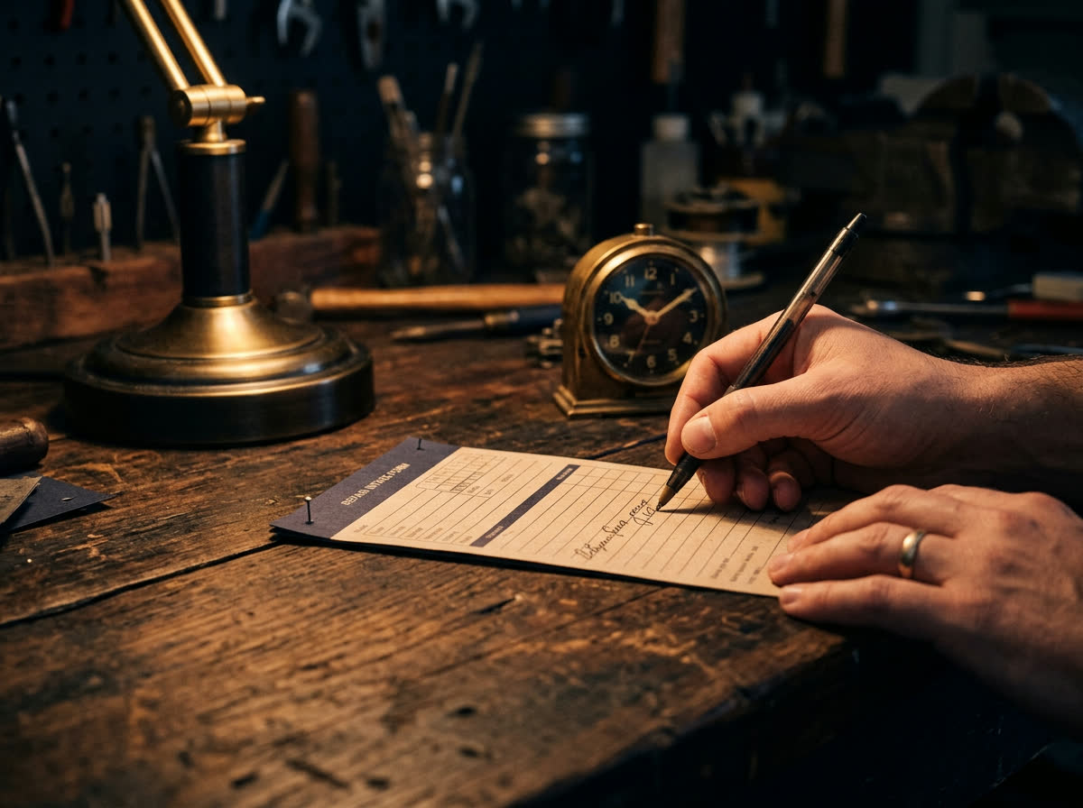 Hand writing a repair estimate on an intake form beside a clock on a workbench