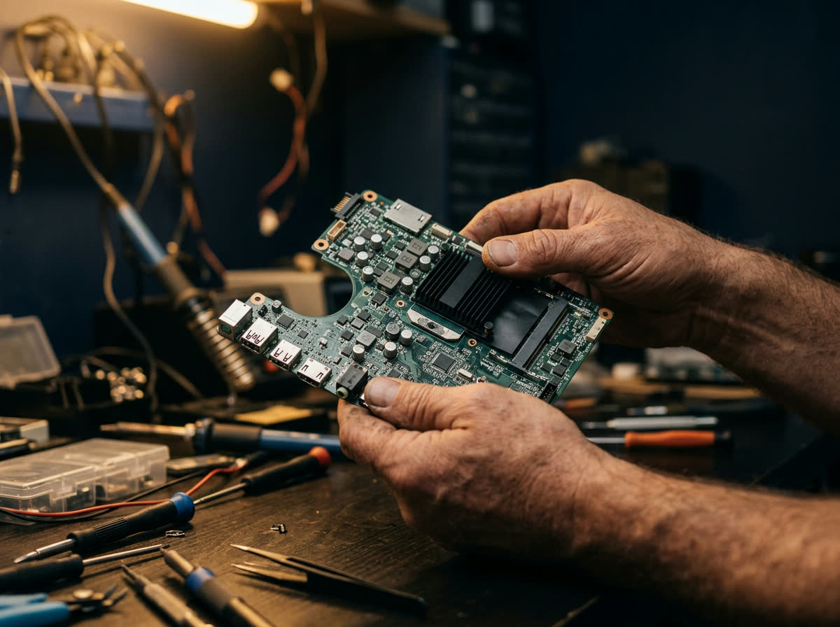 Repair shop owner holding a laptop at the workbench during a hands-on repair