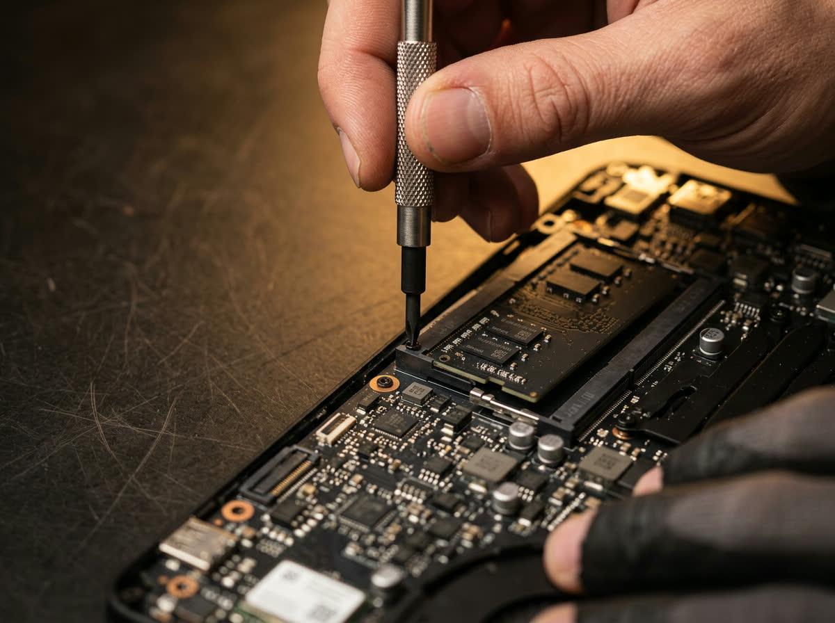 Technician using a precision screwdriver to install a memory module into a laptop