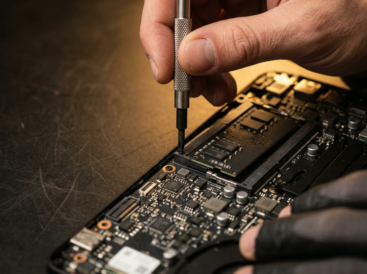 Technician using a precision screwdriver to install a memory module into a laptop