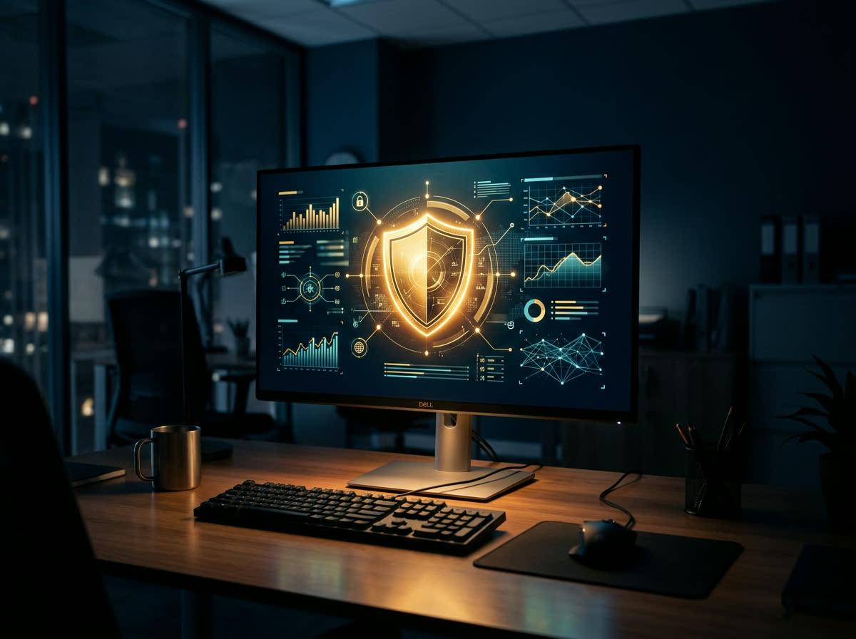 Computer monitor showing a security protection dashboard with a shield graphic