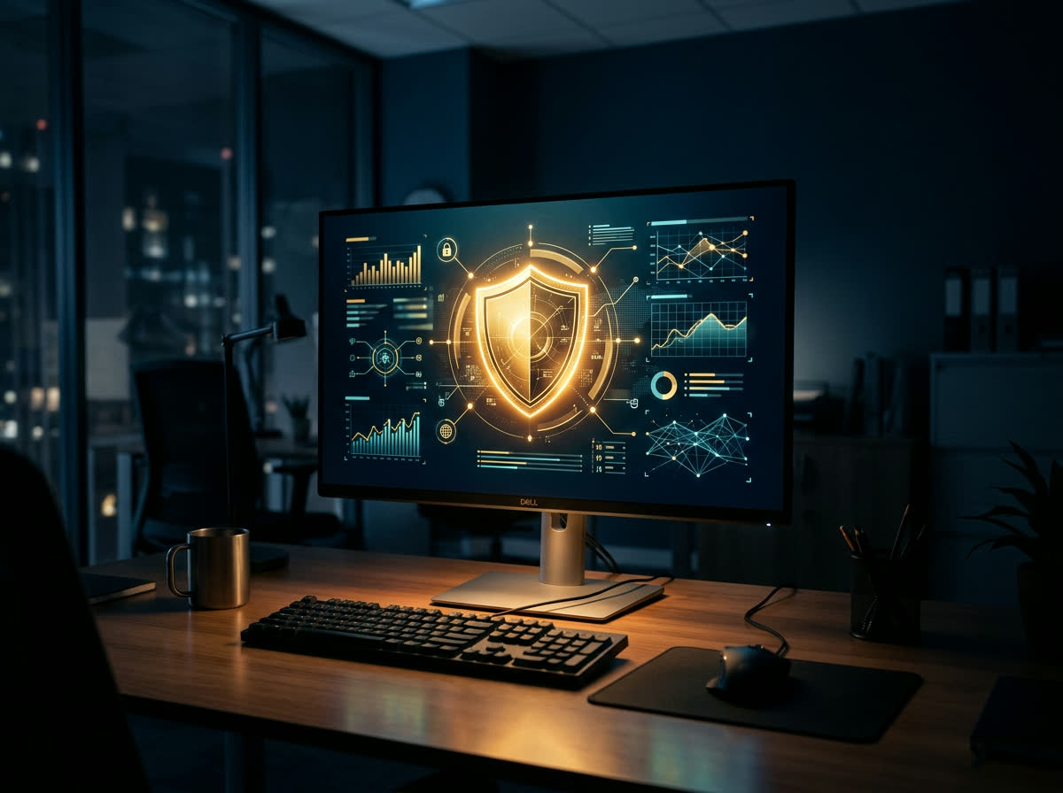 Computer monitor showing a security protection dashboard with a shield graphic