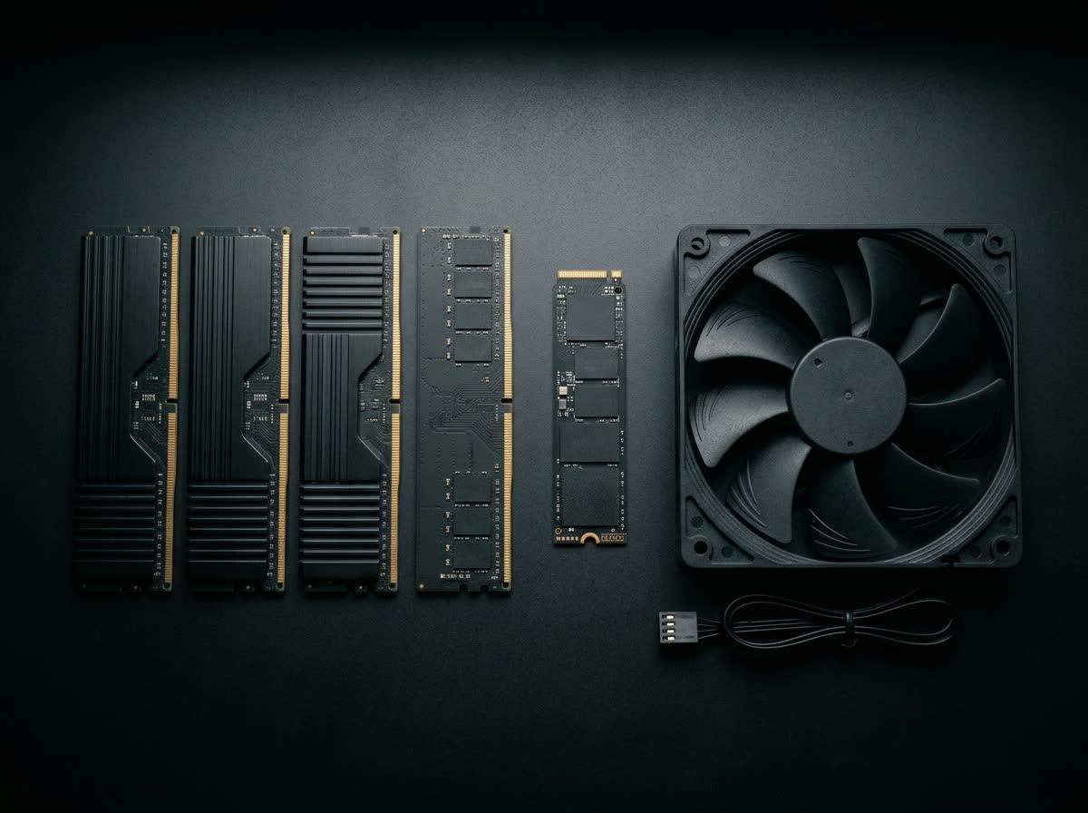 Computer hardware components laid out neatly on a dark matte workbench surface