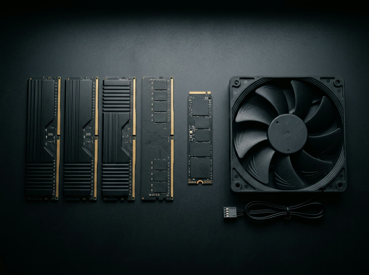 Computer hardware components laid out neatly on a dark matte workbench surface