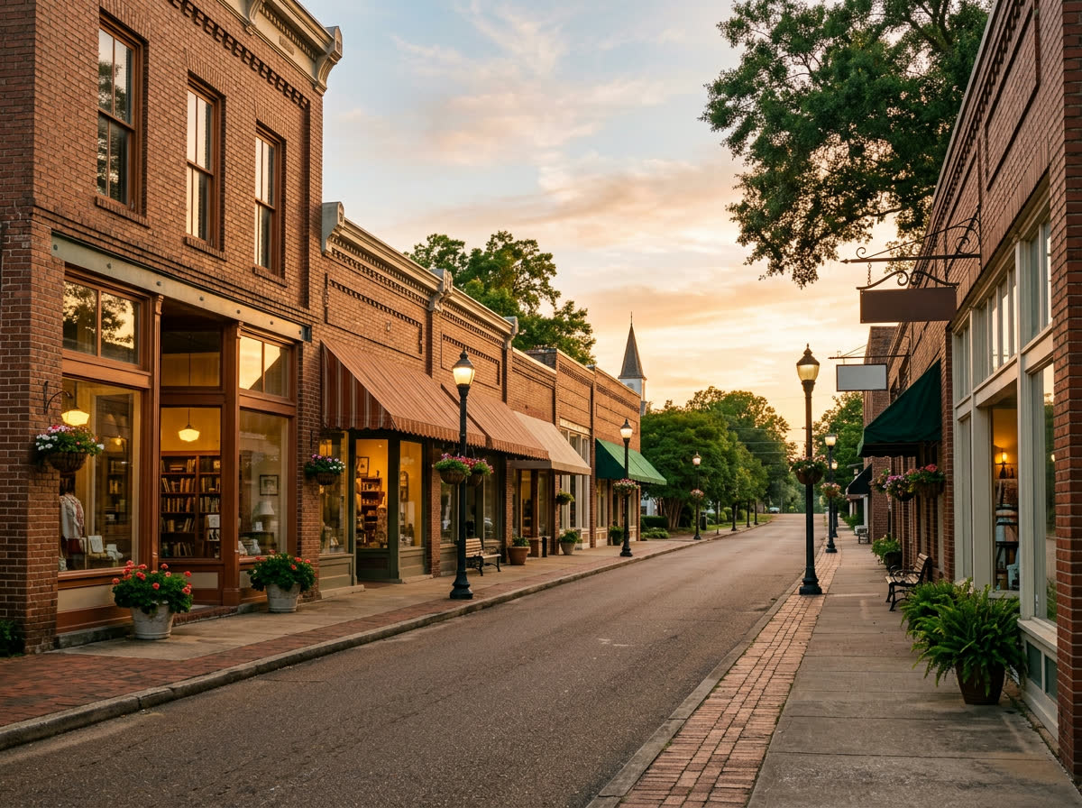 Small town Mississippi main street at golden hour with clean storefront architecture