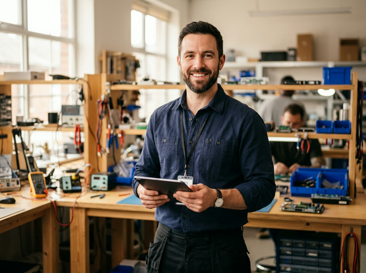 Repair technician in a dark work shirt holding a tablet inside a bright modern repair workshop