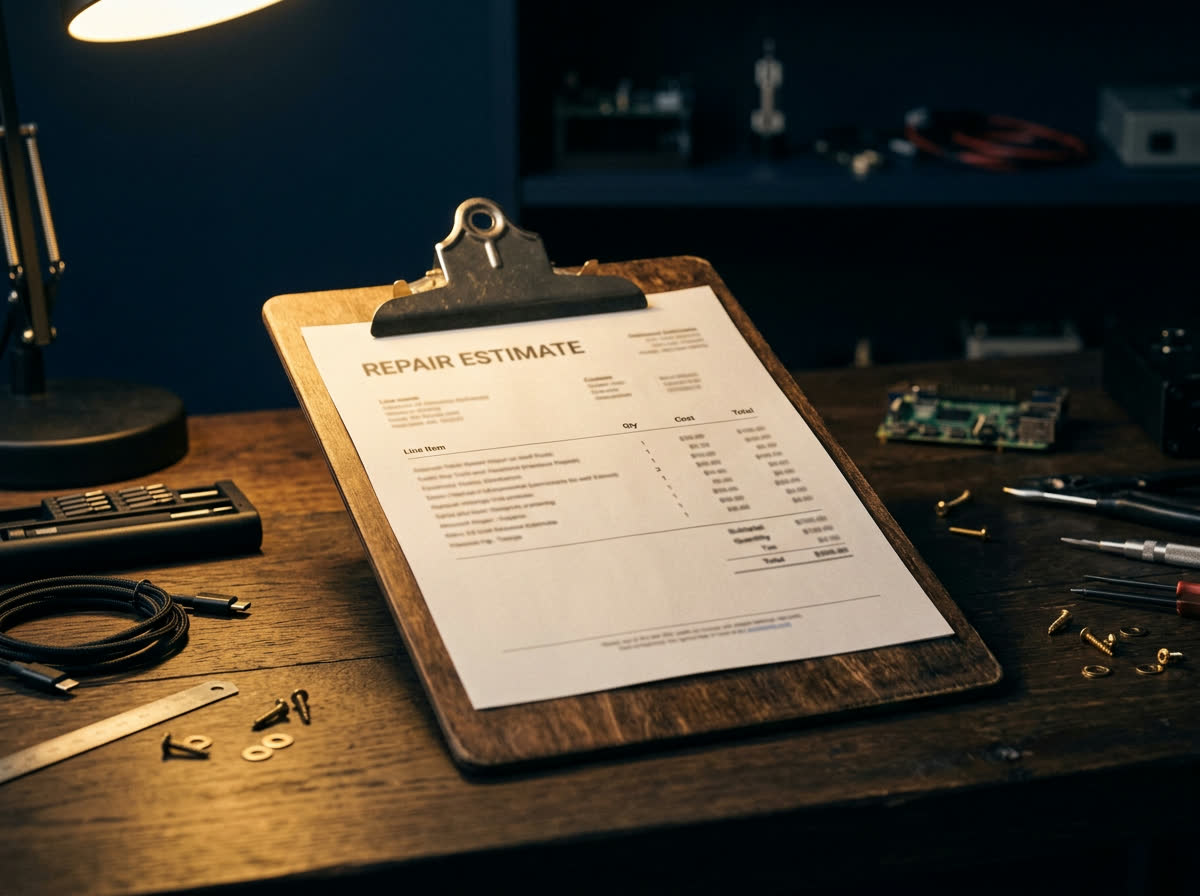 Repair estimate paperwork on an organised workbench lit by warm shop light